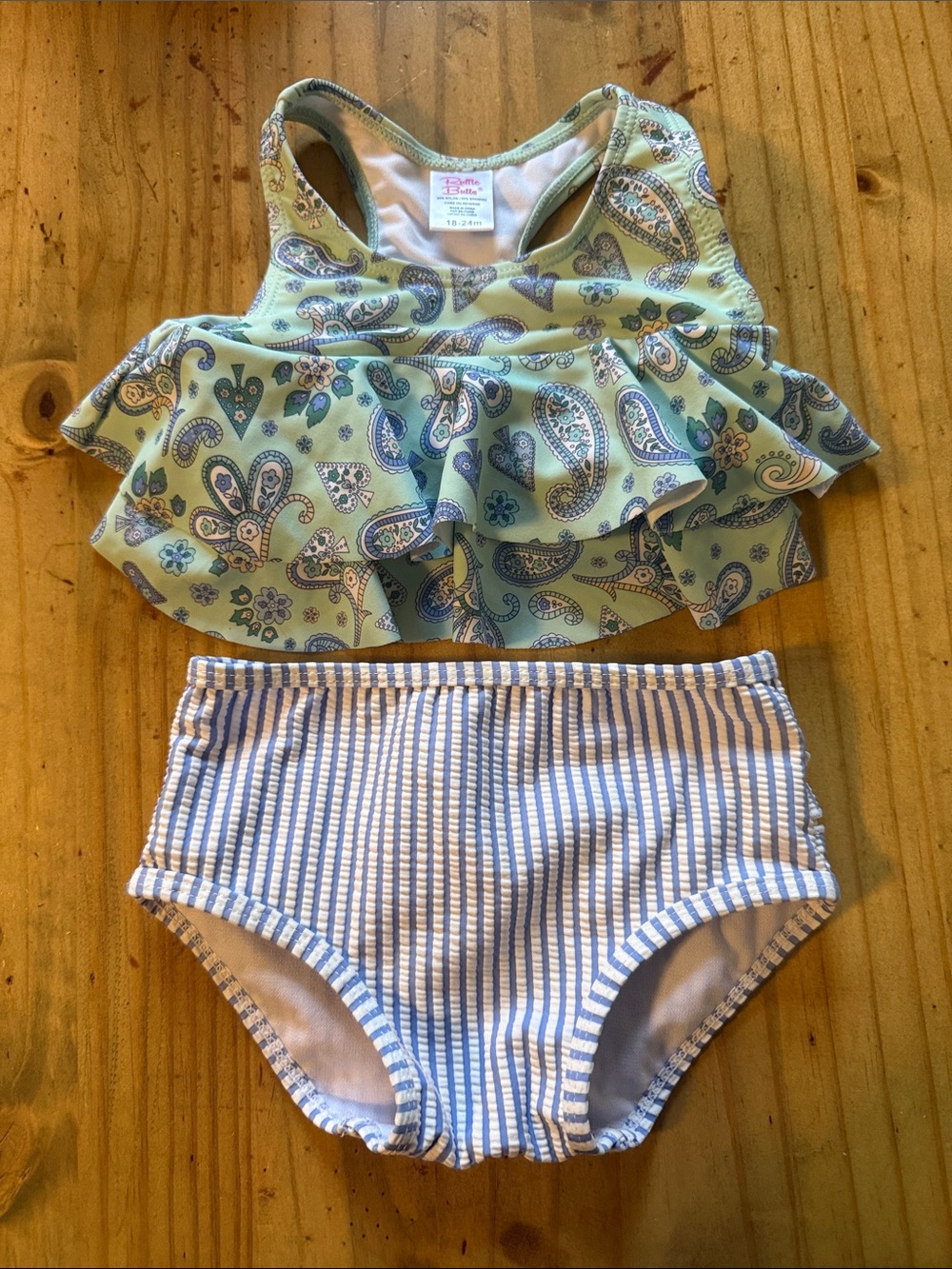 Ruffle butts Mint Paisley Ruffle Tankini with Blue Stripe Bottoms